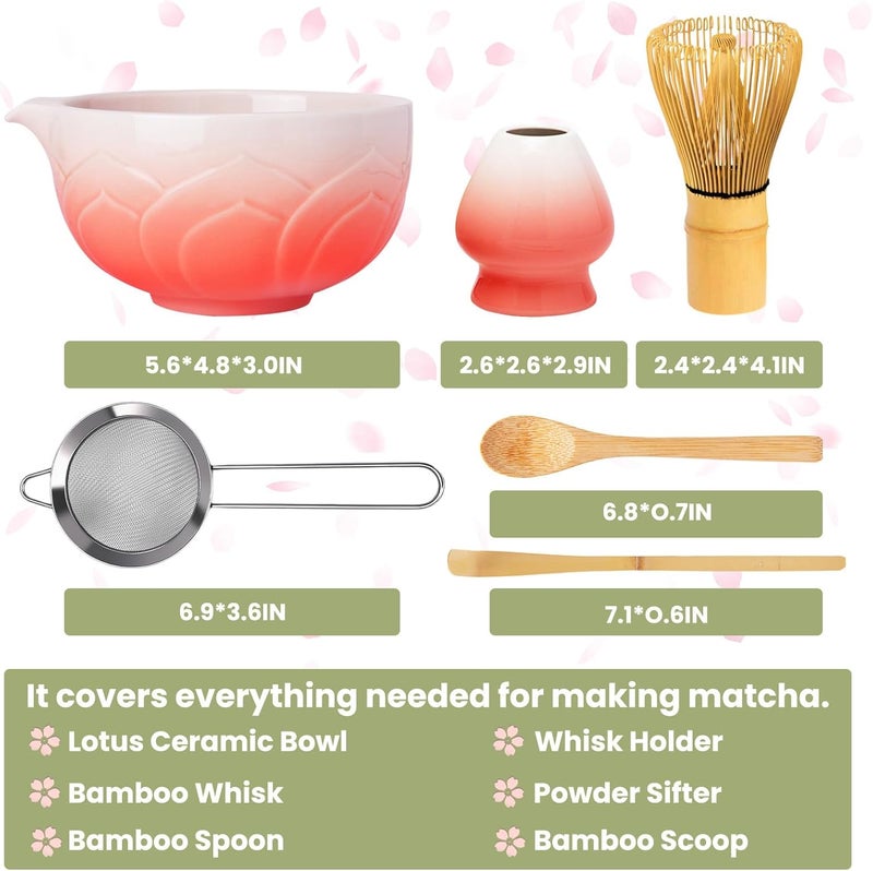 RANERANE Matcha Whisk Set, Lotus Gradient Red Ceramic Matcha Set Includes Matcha Bowl, Matcha Whisk (Chasen) and Holder, Sifter, Bamboo Scoop & Spoon - 6 Pcs Matcha Kit for Matcha Lovers - Image 2